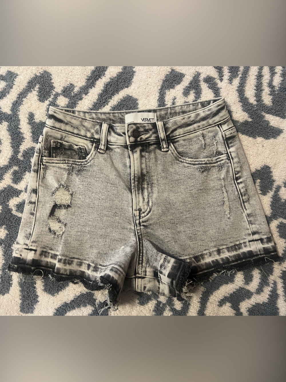 Vervet by Flying Monkey High-Rise Distressed Denim Shorts — Washed Black Trim